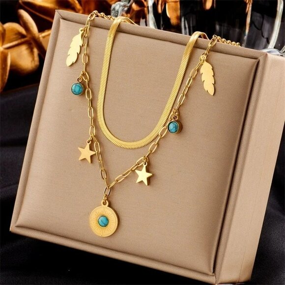 Fine Jewelry 2 Layer Leaves Star Cracked Stone Charm Chain Choker Necklaces - Picture 2 of 7